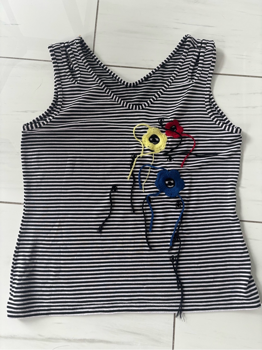 Striped Black & White Tank Top with Colorful Floral Appliqués